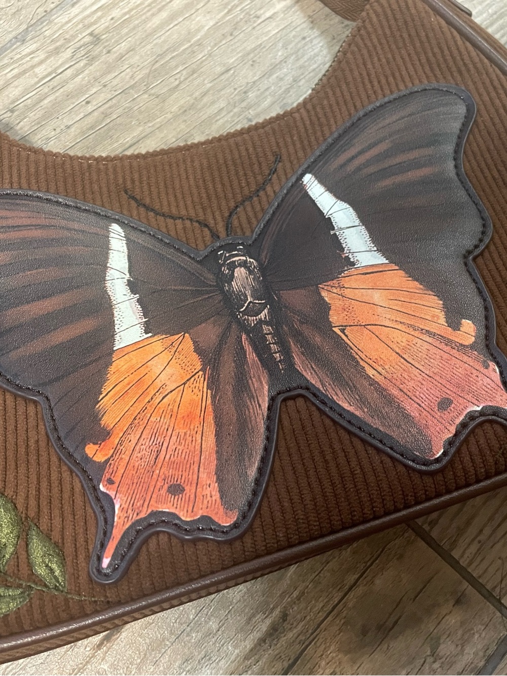 Brown Corduroy Shoulder Bag with Butterfly Appliqué and Floral Embroidery